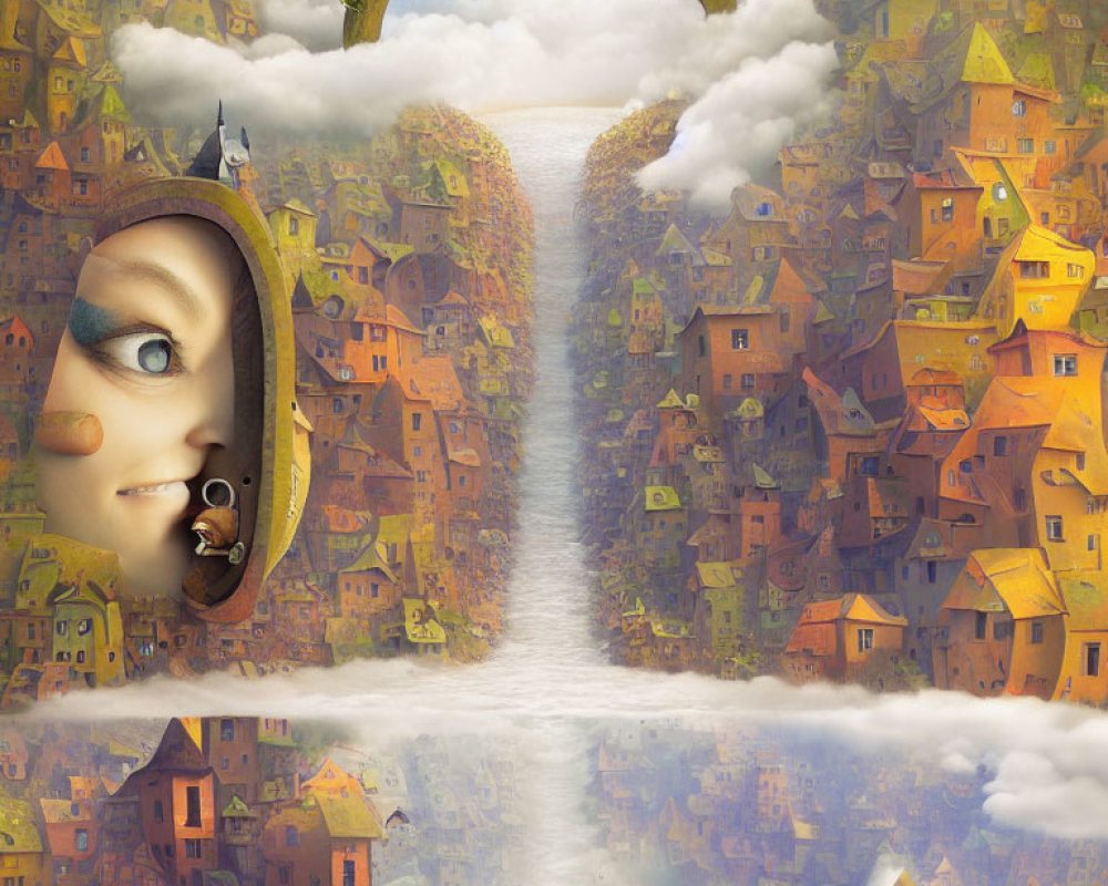 Surreal hinged door face in whimsical cityscape with stacked houses, clouds, and waterfall