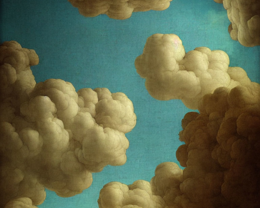 Fluffy Cumulus Clouds Artwork on Teal Background