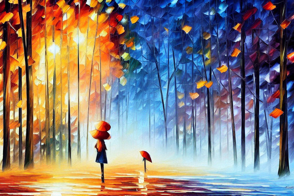 Colorful Autumn Forest Painting with Person and Umbrella