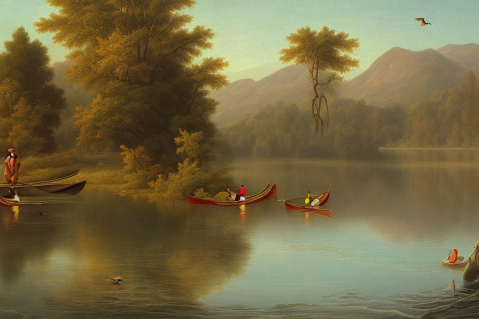 Tranquil lake scene with canoes, lush forests, misty mountains, birds, and golden