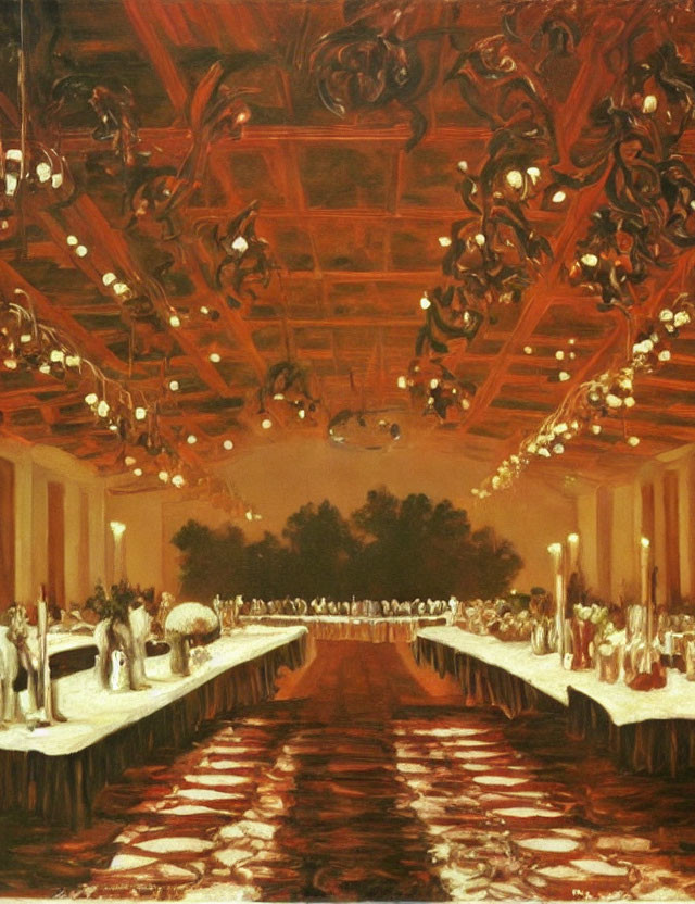 Elegant banquet hall with decorative ceiling, dining tables, and mingling guests