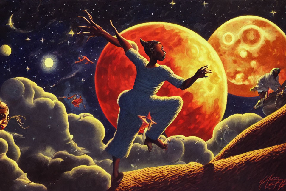 Fantasy illustration of person dancing on cloud with moons and stars.