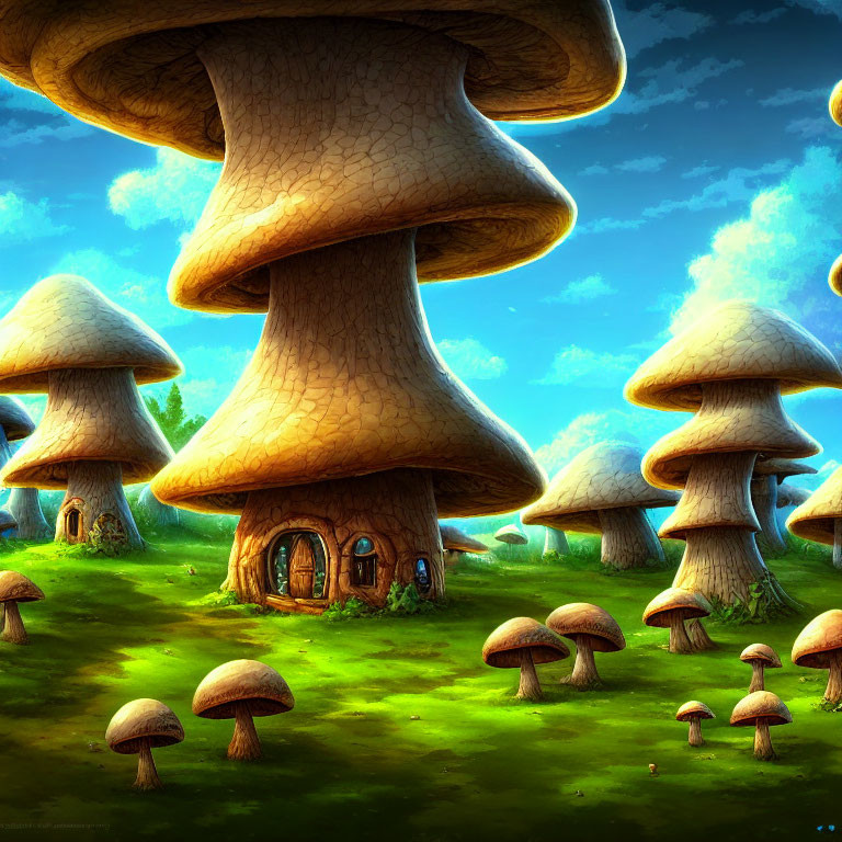 Whimsical giant mushroom houses in lush green landscape