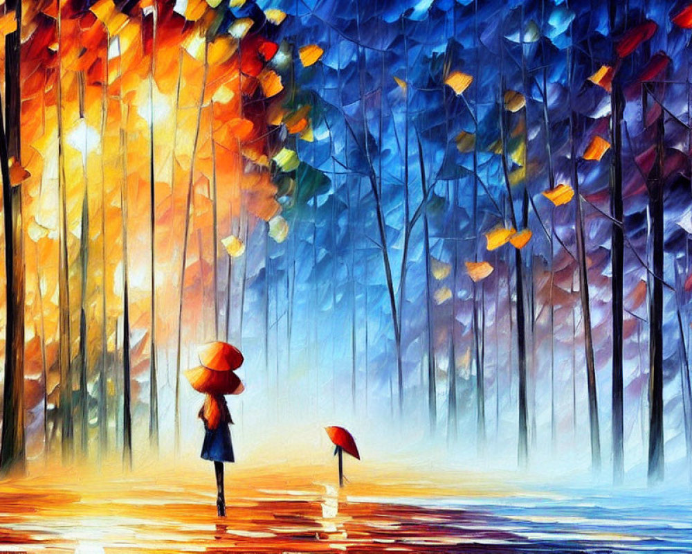 Colorful Autumn Forest Painting with Person and Umbrella
