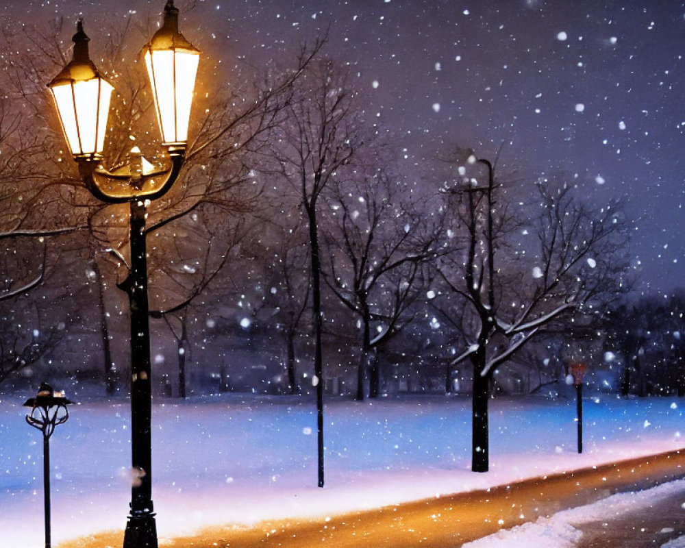Snowy Park at Night: Warm Street Lamps & Falling Snow in Bare Trees