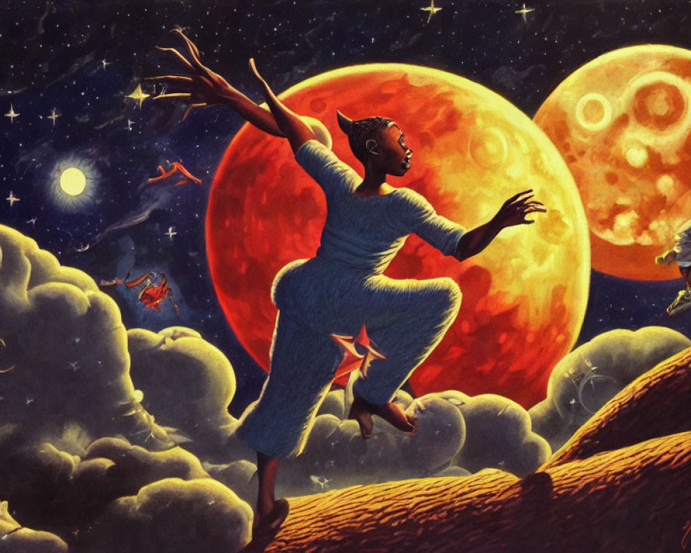 Fantasy illustration of person dancing on cloud with moons and stars.