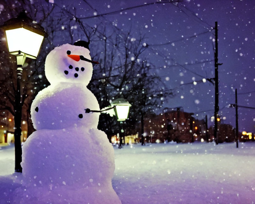 Snowman with carrot nose under streetlights in falling snow