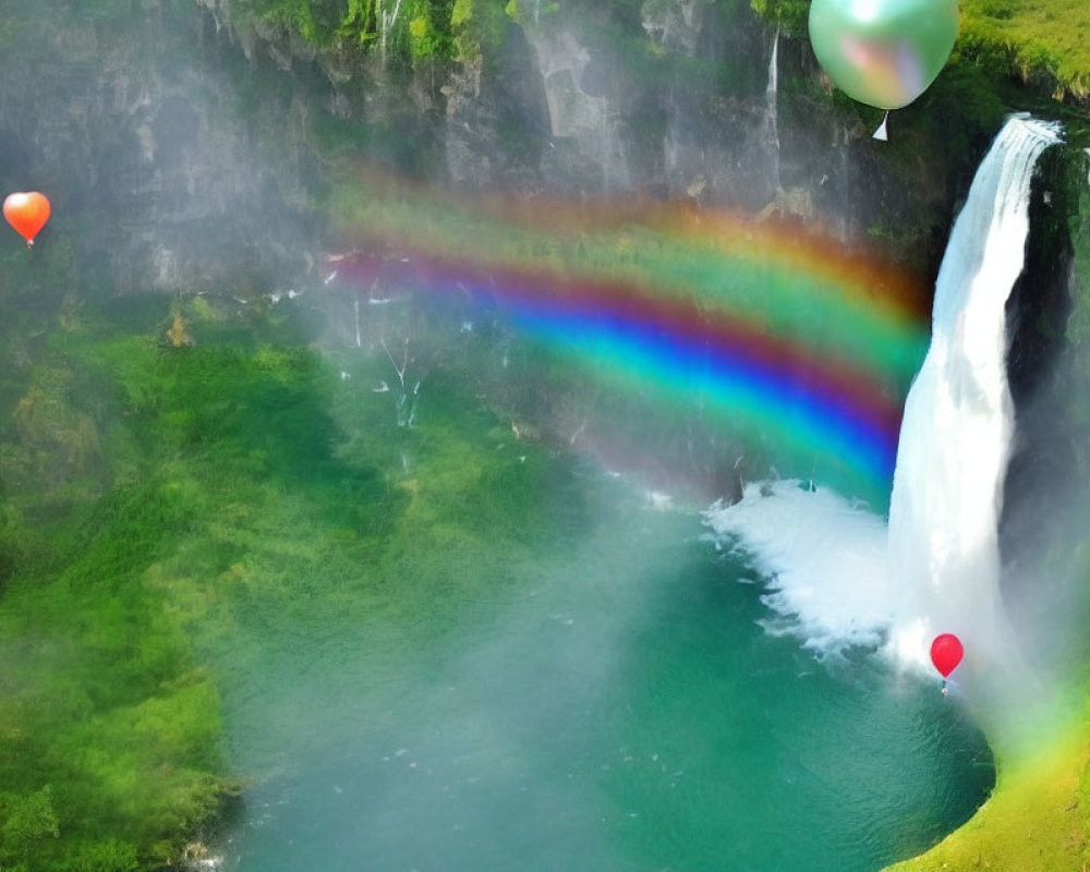 Vivid rainbow over lush waterfall with colorful hot air balloons