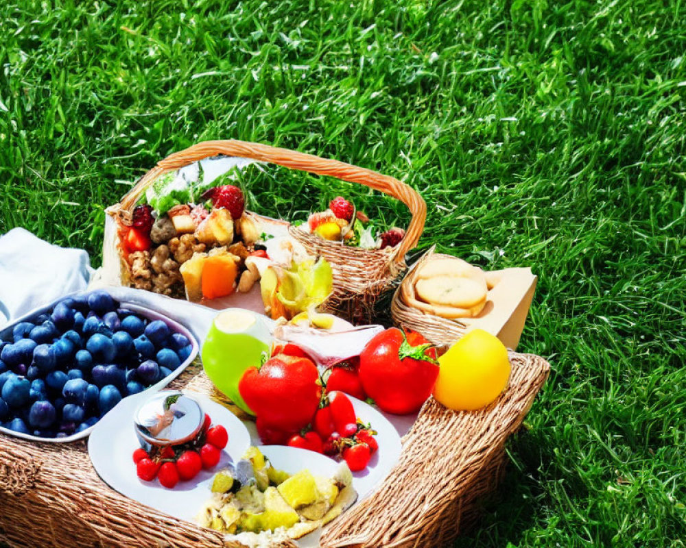 Colorful picnic spread with fruit basket, blueberries, cherries, salad, bread, and fresh