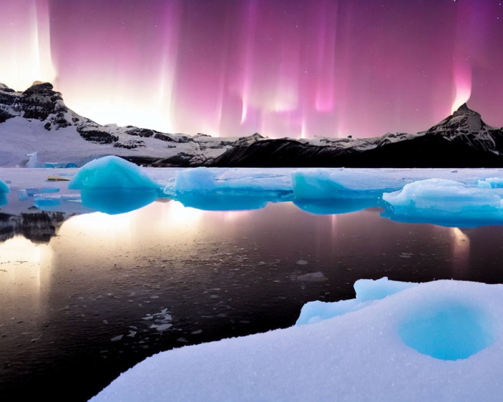 Northern Lights shining over icy glacier chunks and mountains