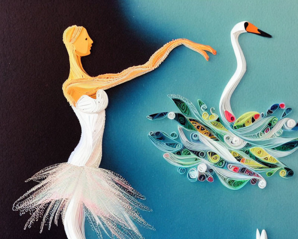 Paper quilling art: Woman in white dress reaching for multicolored swan