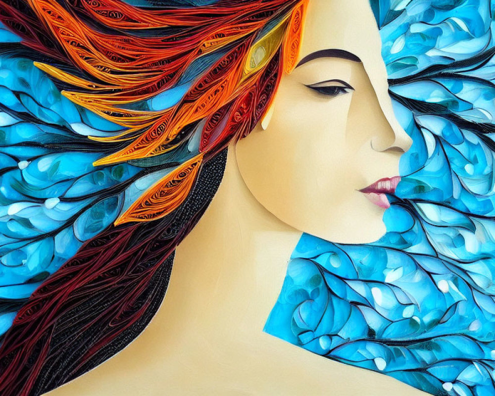 Vibrant illustration of woman with red and orange hair in nature scene