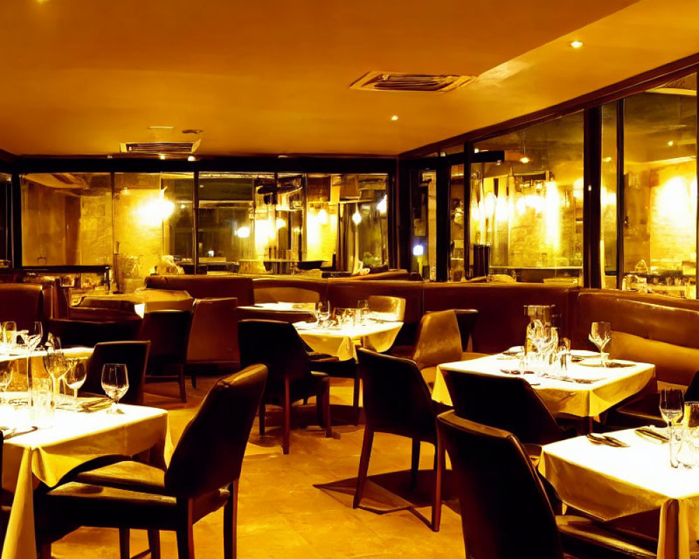 Sophisticated Restaurant Interior with Warm Ambient Lighting