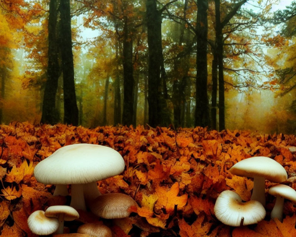 Tranquil autumn forest with fallen leaves and white mushrooms