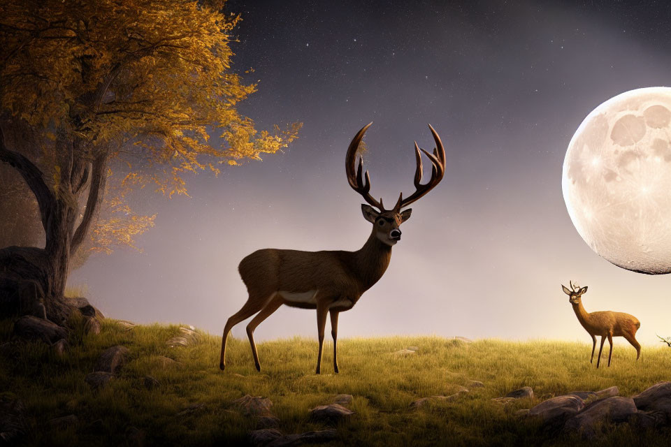 Tranquil night landscape with deer, full moon, and tree