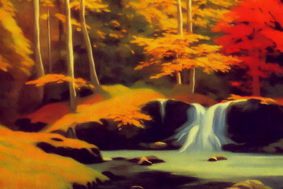 Impressionistic painting: Serene autumn waterfall with vibrant foliage