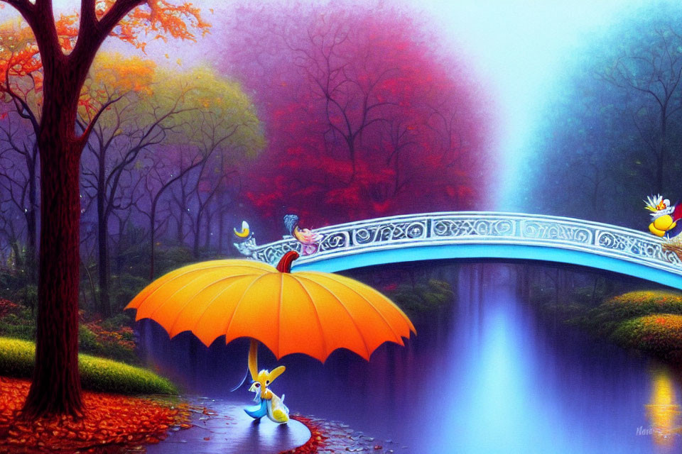 Vibrant autumn landscape with misty river, bridge, and cartoon characters under orange umbrella