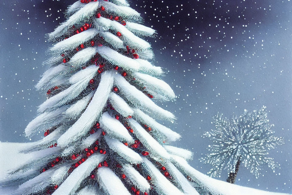 Snow-covered Christmas trees with red ornaments in serene snowy landscape