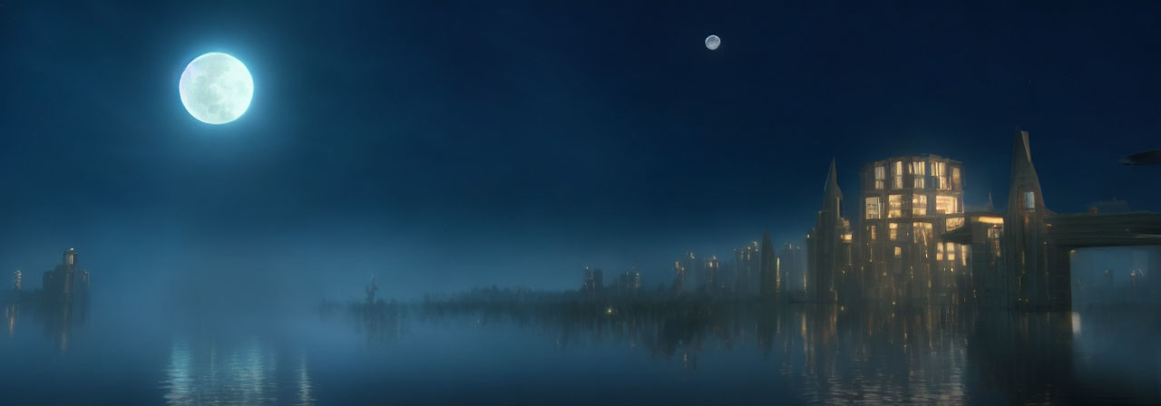 Large Moon Reflecting on Calm Water in Serene Nightscape