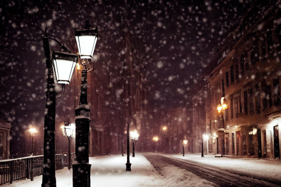Snow-Covered Street at Night with Warm Street Lamp Glow