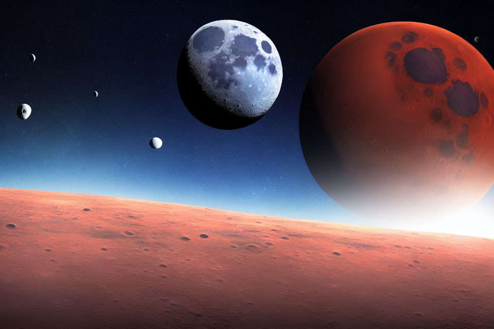 Red Mars-like planet and crater-covered surface with moon-like celestial body in starry sky