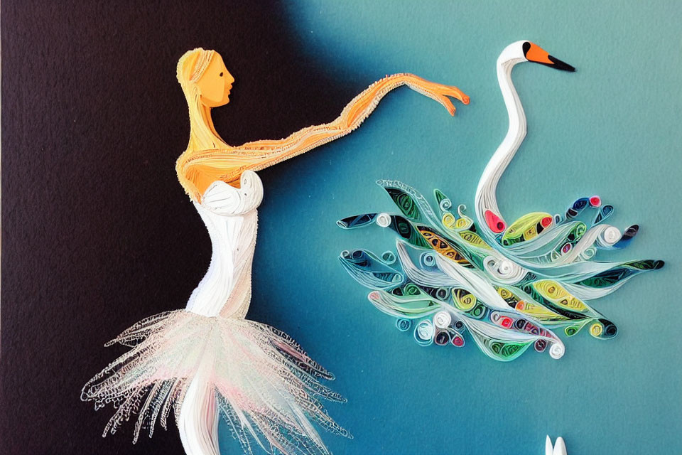 Paper quilling art: Woman in white dress reaching for multicolored swan