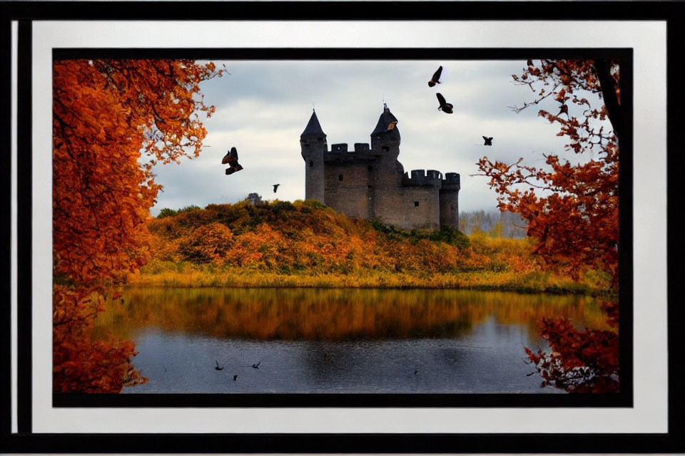 Medieval castle surrounded by moat in autumn setting.