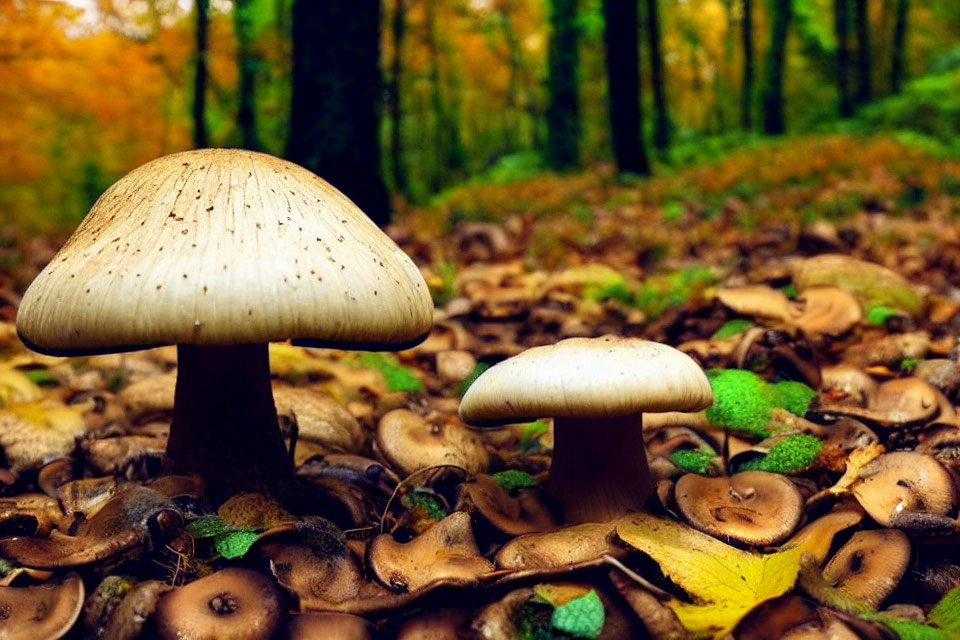Autumn forest scene with two mushrooms and fallen leaves