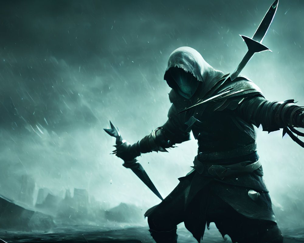 Hooded figure with spear in stormy setting.
