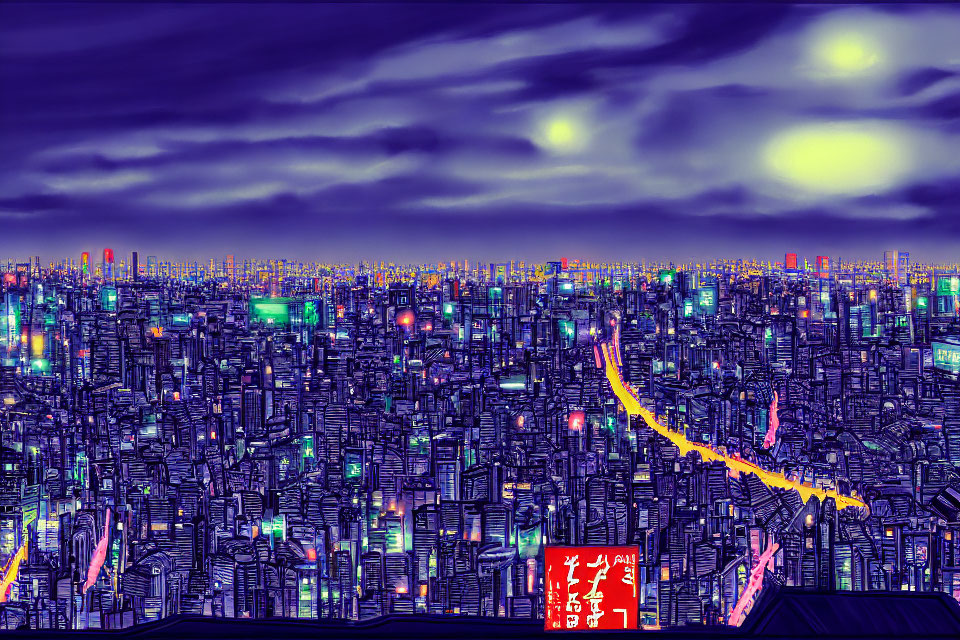 Vibrant cityscape digital artwork with neon lights at night
