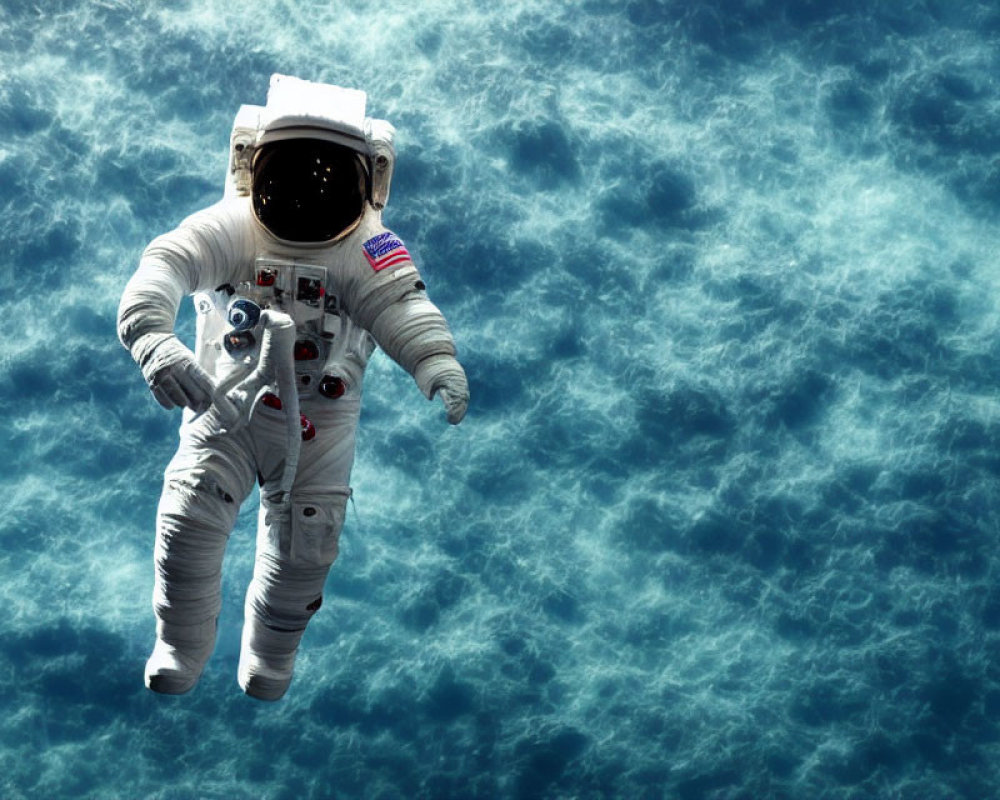 Astronaut in white space suit floats in zero gravity against cloudy blue sky backdrop