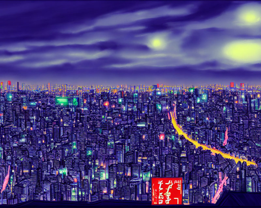 Vibrant cityscape digital artwork with neon lights at night