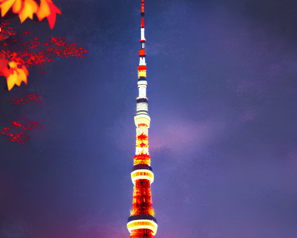 Tokyo Tower illuminated at dusk with city skyline and autumn leaves