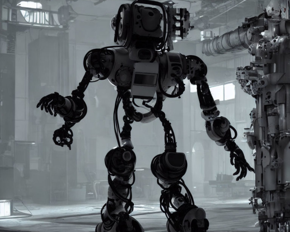 Futuristic humanoid robot in industrial warehouse setting