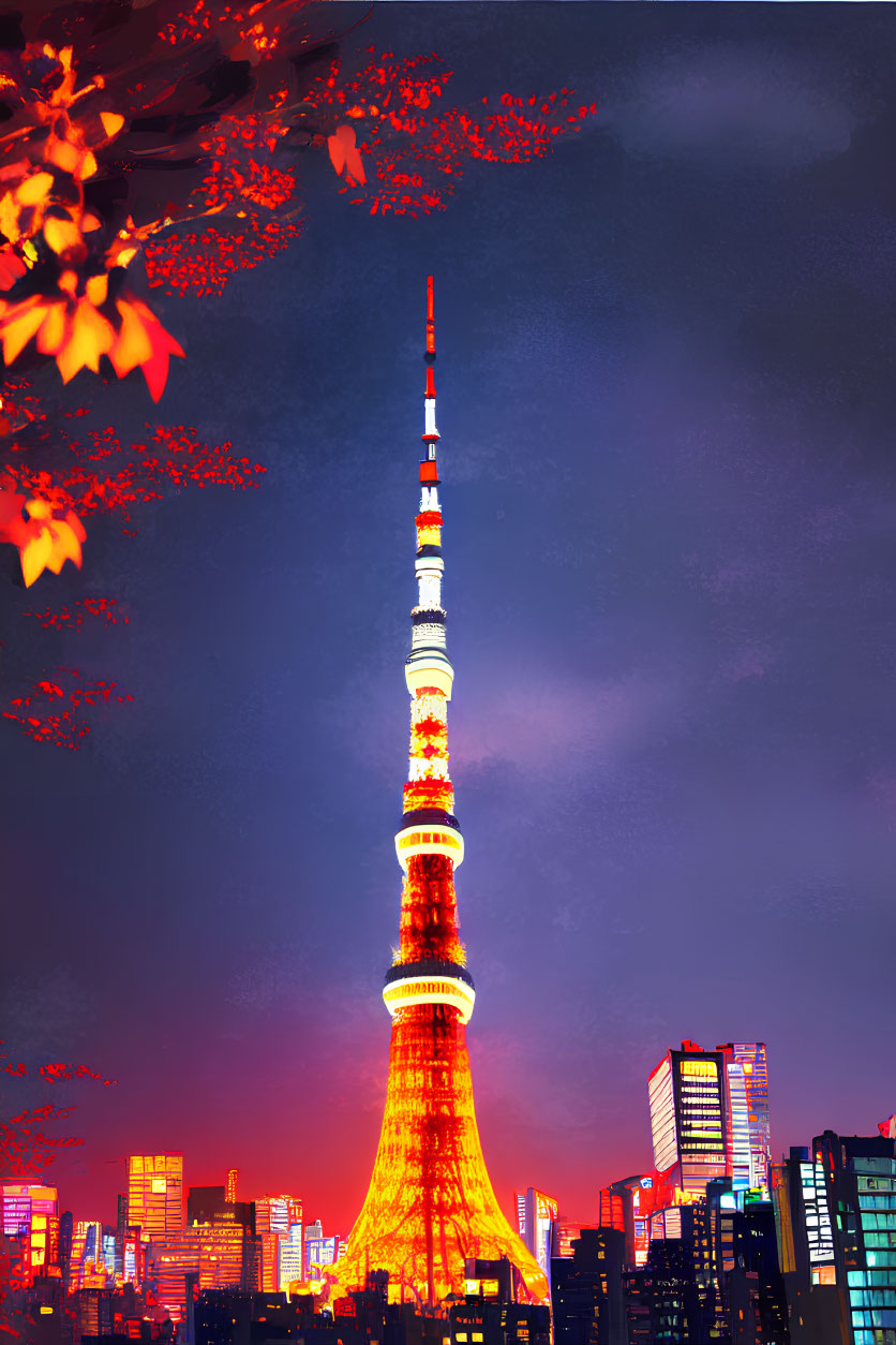 Tokyo Tower illuminated at dusk with city skyline and autumn leaves
