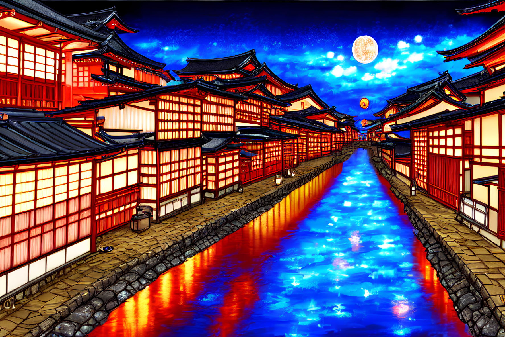 Digital artwork: Traditional Japanese village at night with illuminated buildings and water canal under full moon