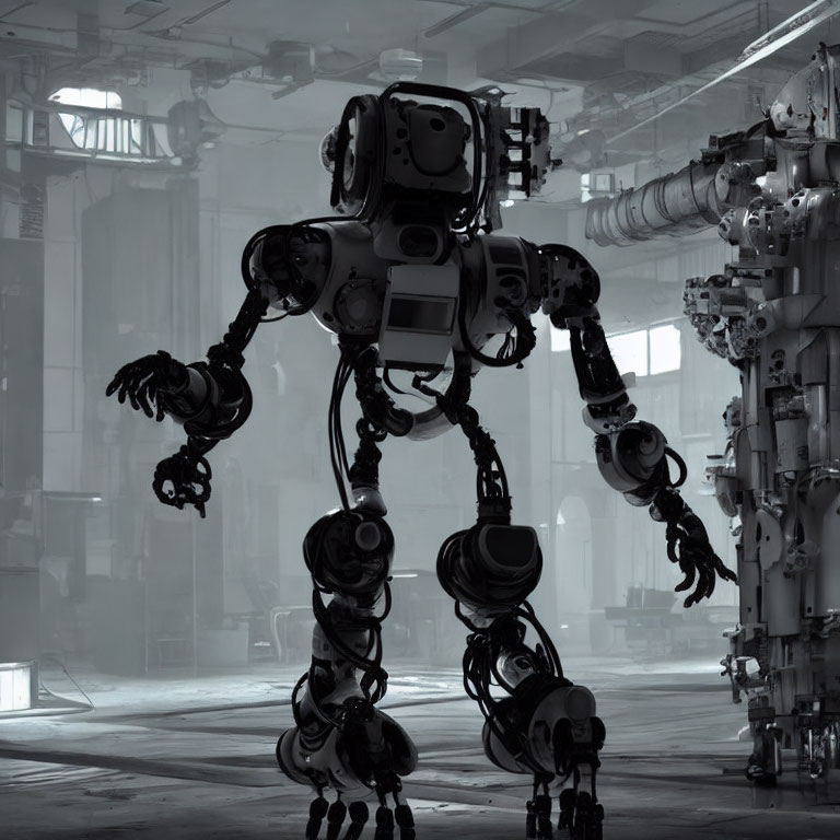 Futuristic humanoid robot in industrial warehouse setting