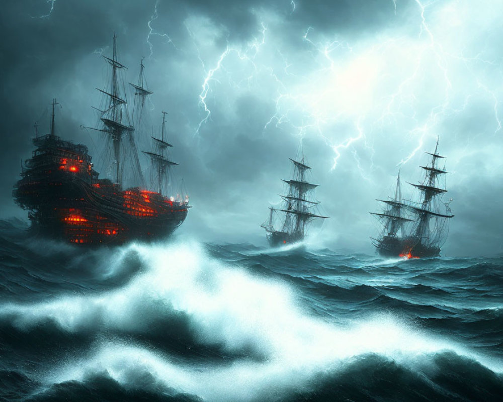 Stormy seas: Three sailing ships in battle under lightning-filled skies