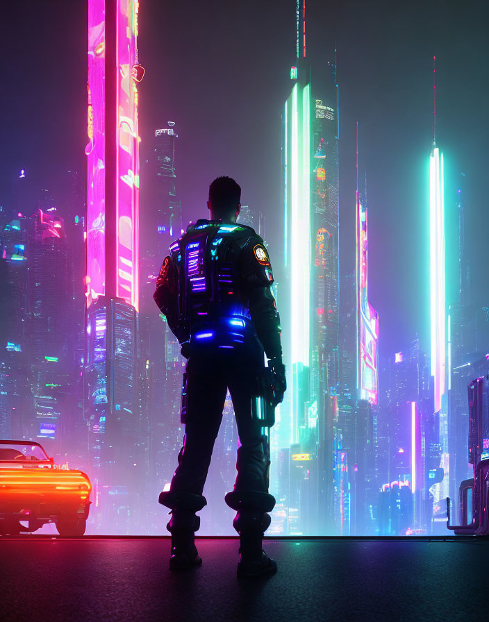 Futuristic figure in glowing attire in cyberpunk cityscape at night