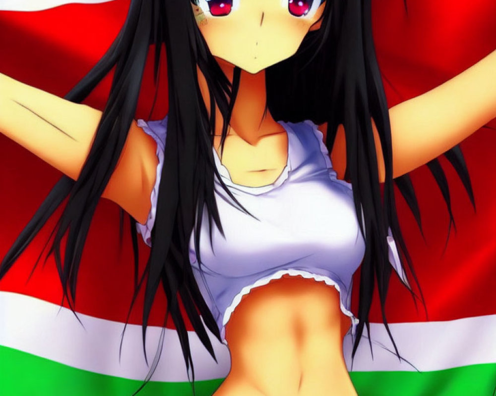 Anime character with long black hair, blue eyes, white tank top, arms outstretched on red