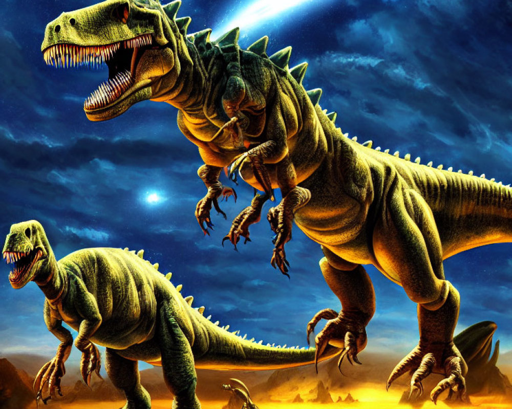 Detailed Illustration: Two Tyrannosaurus Rex in Prehistoric Landscape with Ominous Sky