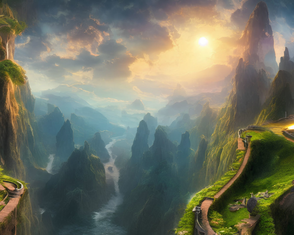 Tranquil fantasy landscape with winding paths, lush greenery, and setting sun