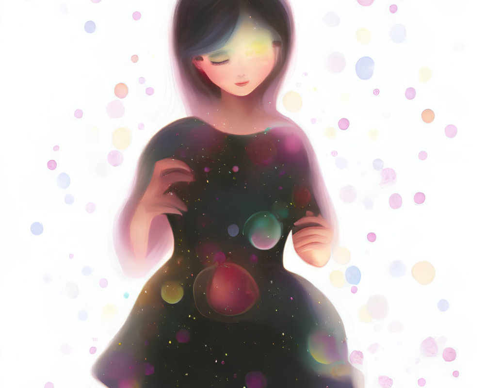 Cosmic-themed girl illustration with planets and stars in pastel bubbles
