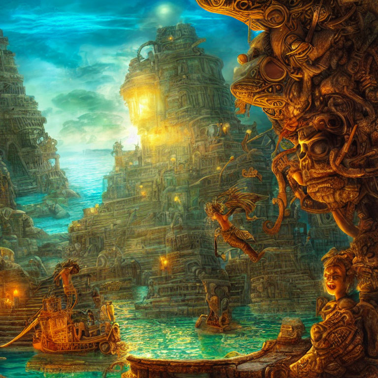 Detailed underwater city with towering structures and intricate carvings