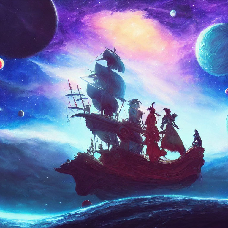 Digital painting of crew on galleon sailing through cosmic space