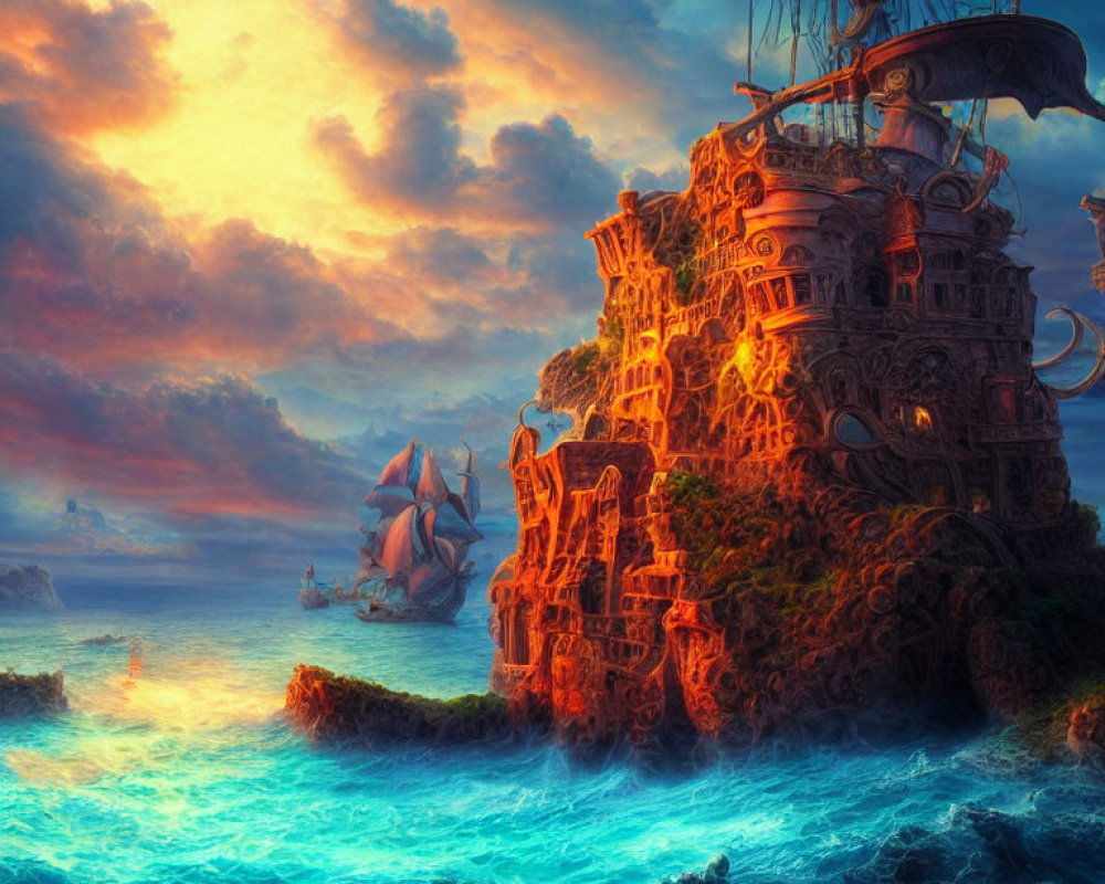 Vibrant sunset seascape with ship near towering cliff