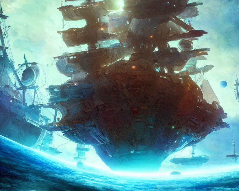 Fantastical floating ship with multiple hulls above luminous ocean