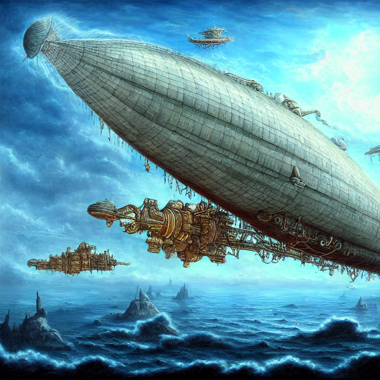 Fantasy artwork: Steampunk airships over turbulent sea