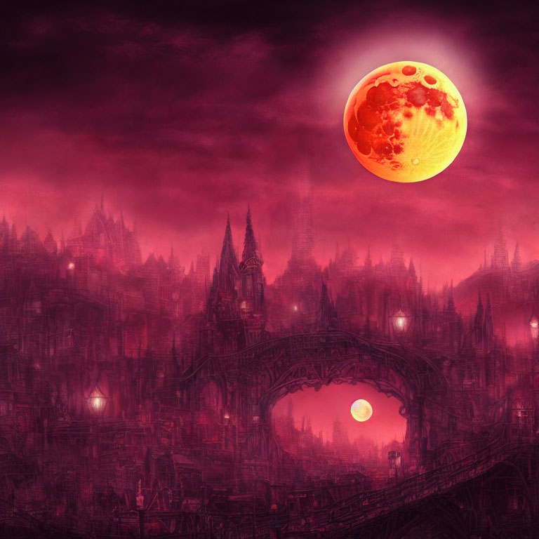 Crimson landscape with blood moon, gothic architecture, bridge, and eerie glow