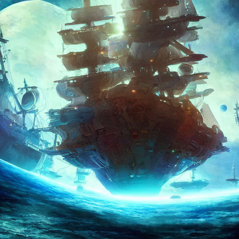 Fantastical floating ship with multiple hulls above luminous ocean